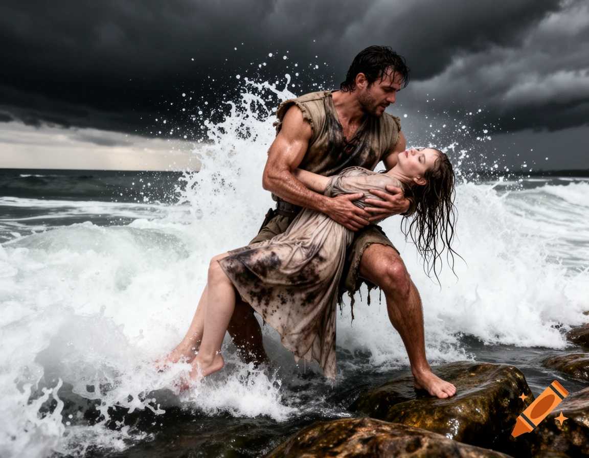 Muscular man in tattered clothes carries a woman through crashing waves on a stormy, rocky shore, dark clouds overhead.