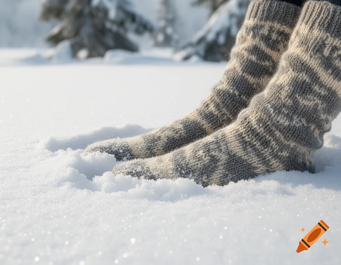 Close-up of feet wearing gray and white patterned wool socks standing in sparkling white snow, with blurred winter trees in the background.