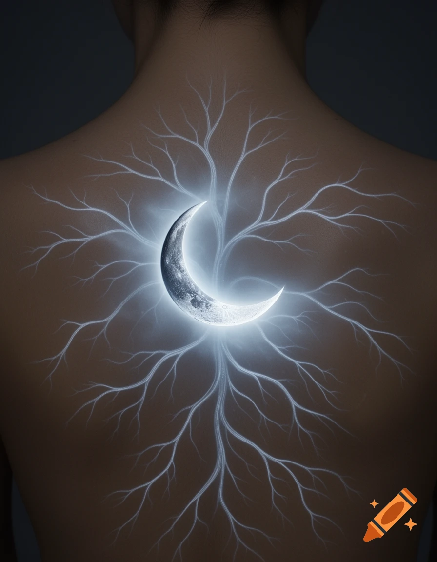 A person's bare back features a glowing crescent moon and luminous, branch-like patterns radiating outwards.
