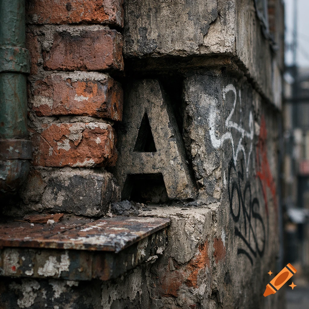 A concrete letter 'A' embedded in a weathered brick and concrete wall, surrounded by graffiti and a rusty pipe, photorealistic.
