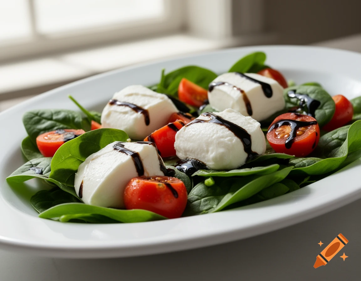 Close-up of a fresh salad with spinach, halved cherry tomatoes, mozzarella, and balsamic glaze on a white plate.