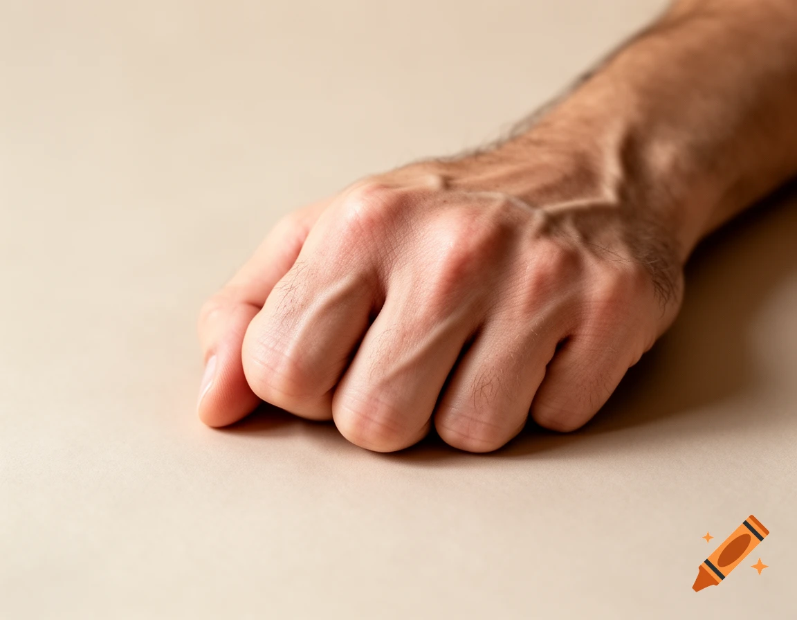 Close-up of a human fist resting on a light beige surface.