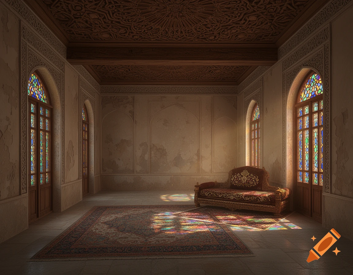 A grand room with ornate stained glass windows, a carved wooden ceiling, a patterned rug, and an embellished sofa, bathed in sunlight.