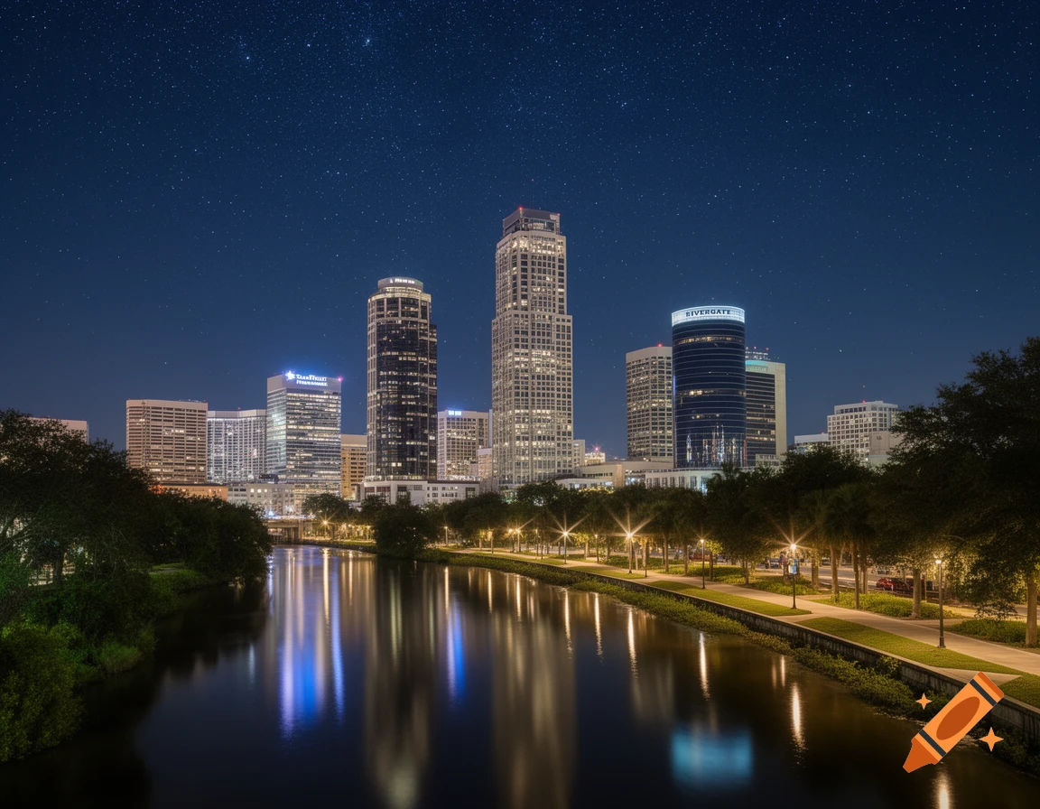 A photorealistic cityscape at night with illuminated buildings reflecting in a calm river under a starry sky, lined with trees and streetlights.