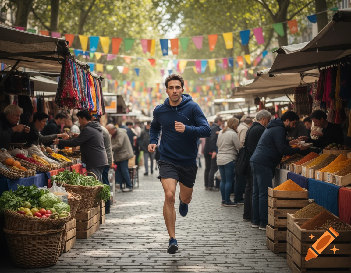 A man runs through a bustling outdoor market with colorful flags, past stalls selling produce and spices.