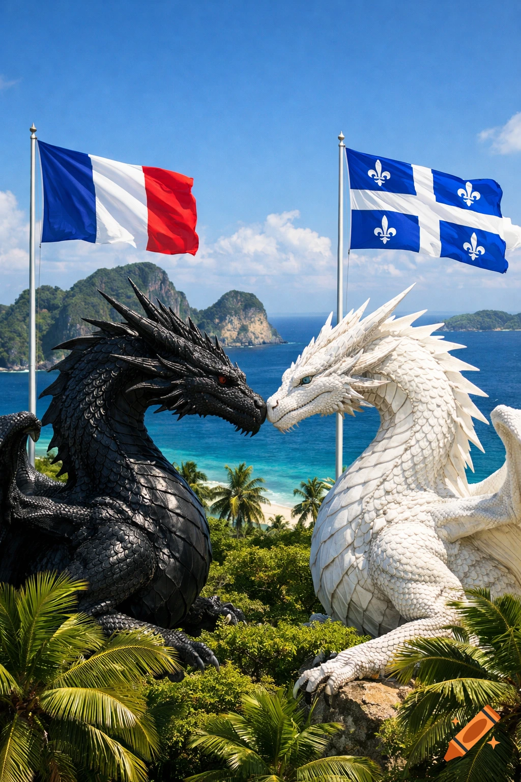 A black dragon and a white dragon face each other on a tropical island, with the French and Quebec flags flying above.