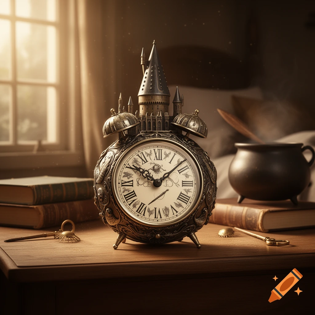 Intricate castle-shaped alarm clock on a wooden desk with books and a cauldron, illuminated by window light.