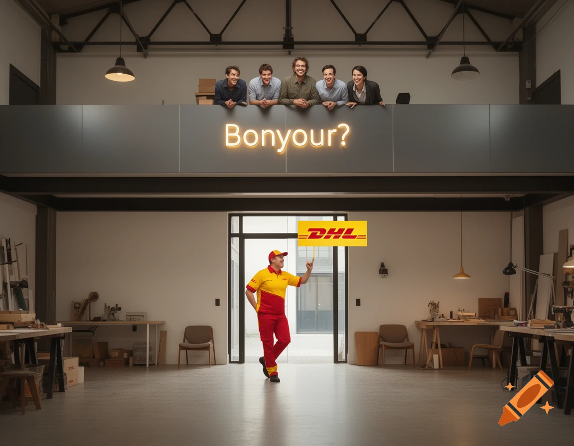 A DHL delivery person calls "Bonyour?" in a workshop; laughing employees watch from a mezzanine.