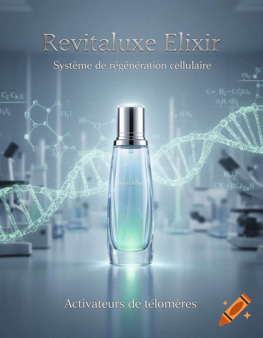 A photorealistic advertisement for 'Revitaluxe Elixir,' a sleek cosmetic bottle in a blurry science lab with DNA strands.