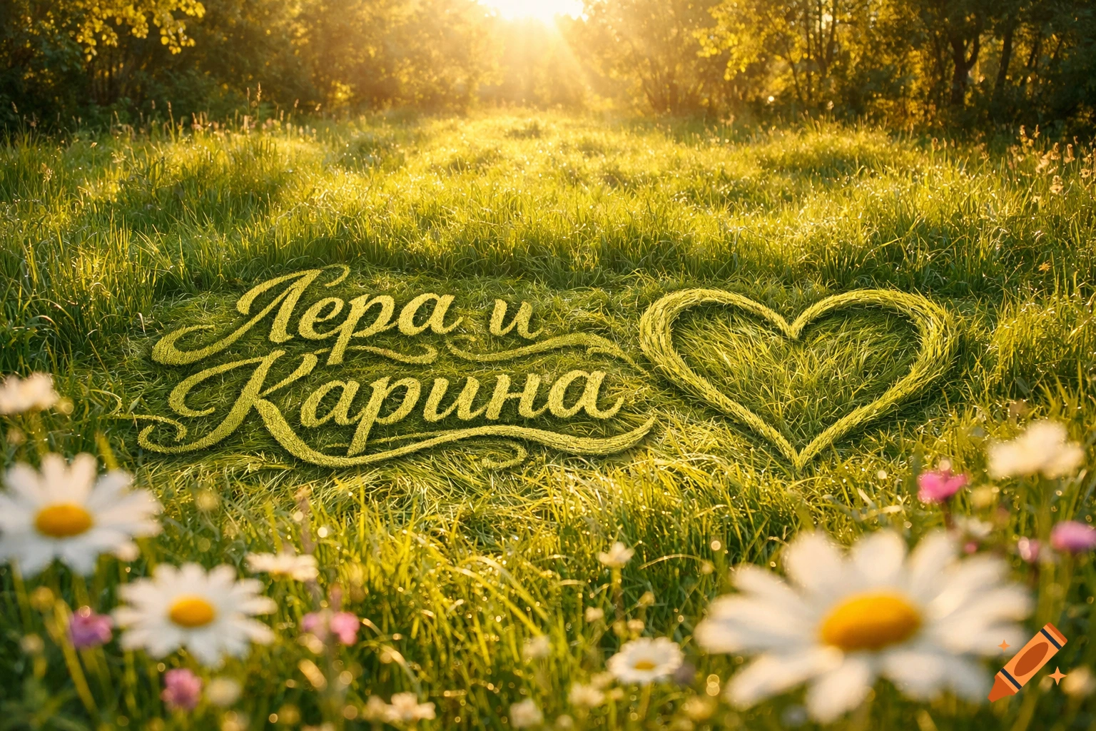 A sun-drenched grassy field with daisies. The names "Лера и Карина" and a heart are formed from grass in the center.