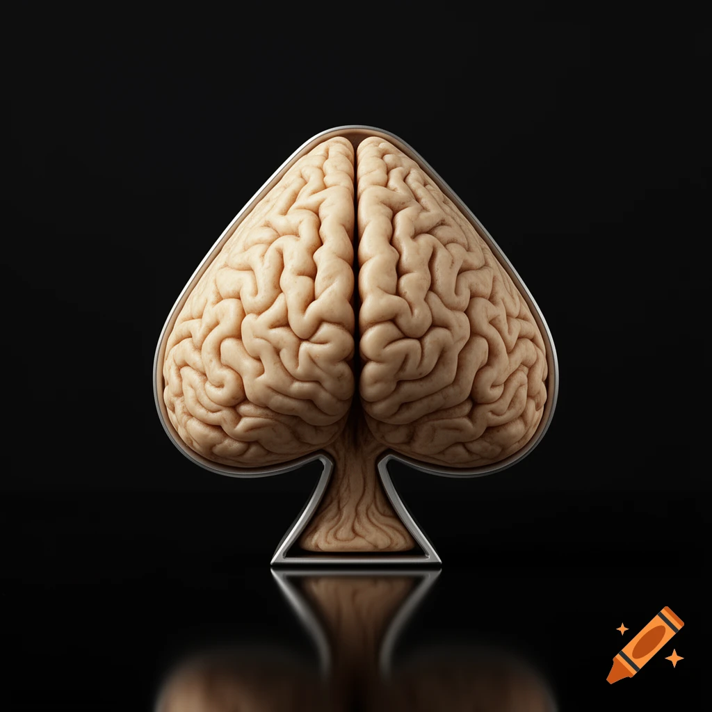 A realistic human brain rendered in the shape of a spade playing card symbol on a dark reflective surface.