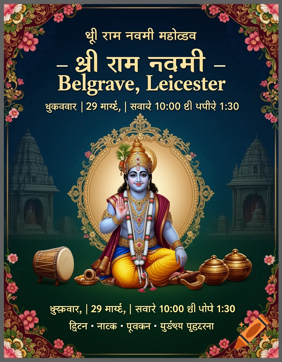 Devotional event poster for Shri Ram Navami, featuring Lord Rama seated in a golden frame, surrounded by traditional items and temple architecture against a blue and green background with floral borders. Text in Gujarati and English announces the event details.