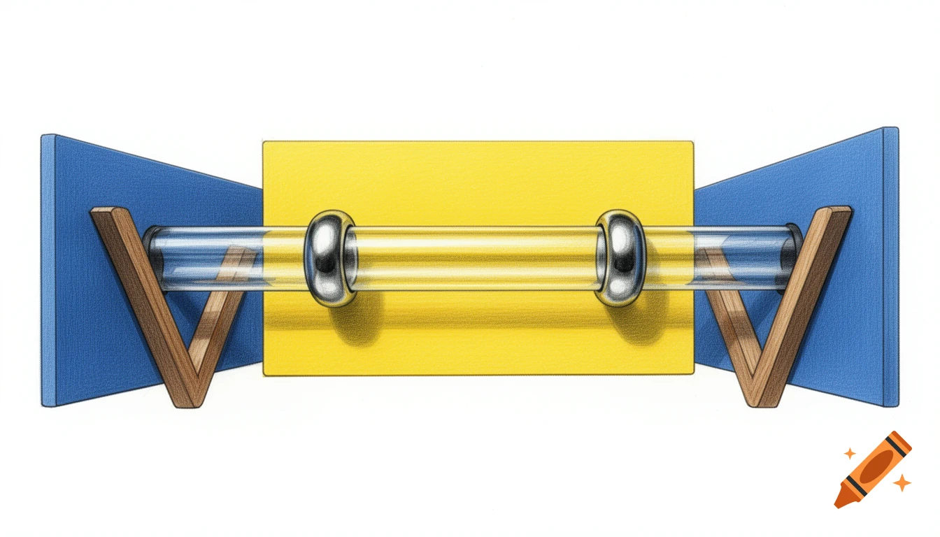 A transparent tube with two metallic rings, supported by wooden V-stands against blue boards, with a yellow board behind it, in a realistic illustration style.