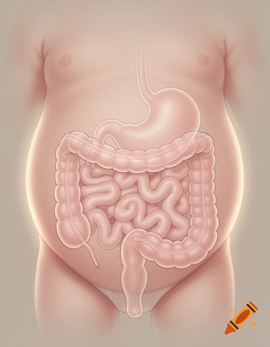 Illustration of the human digestive system, including the stomach, small and large intestines, within a torso.