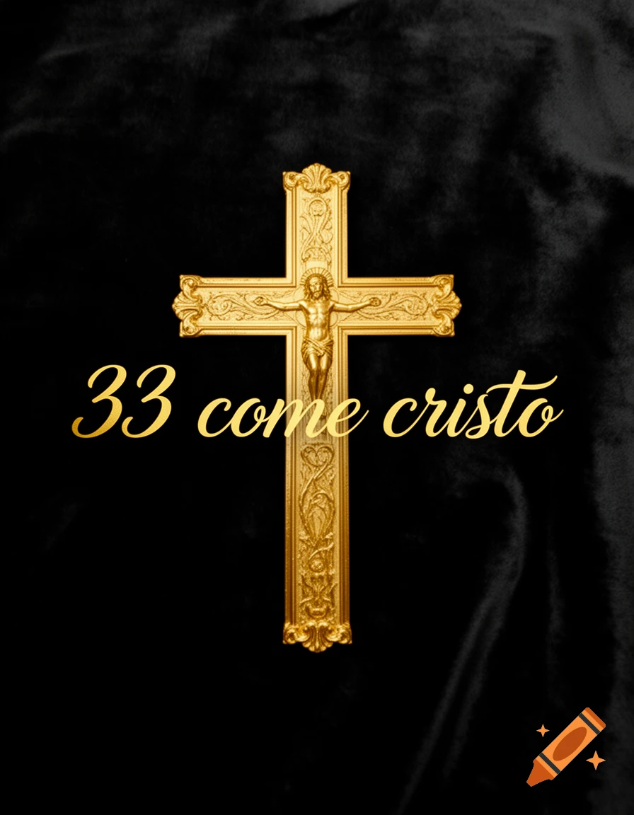 Golden crucifix with Jesus Christ and text '33 come cristo' against a black background.