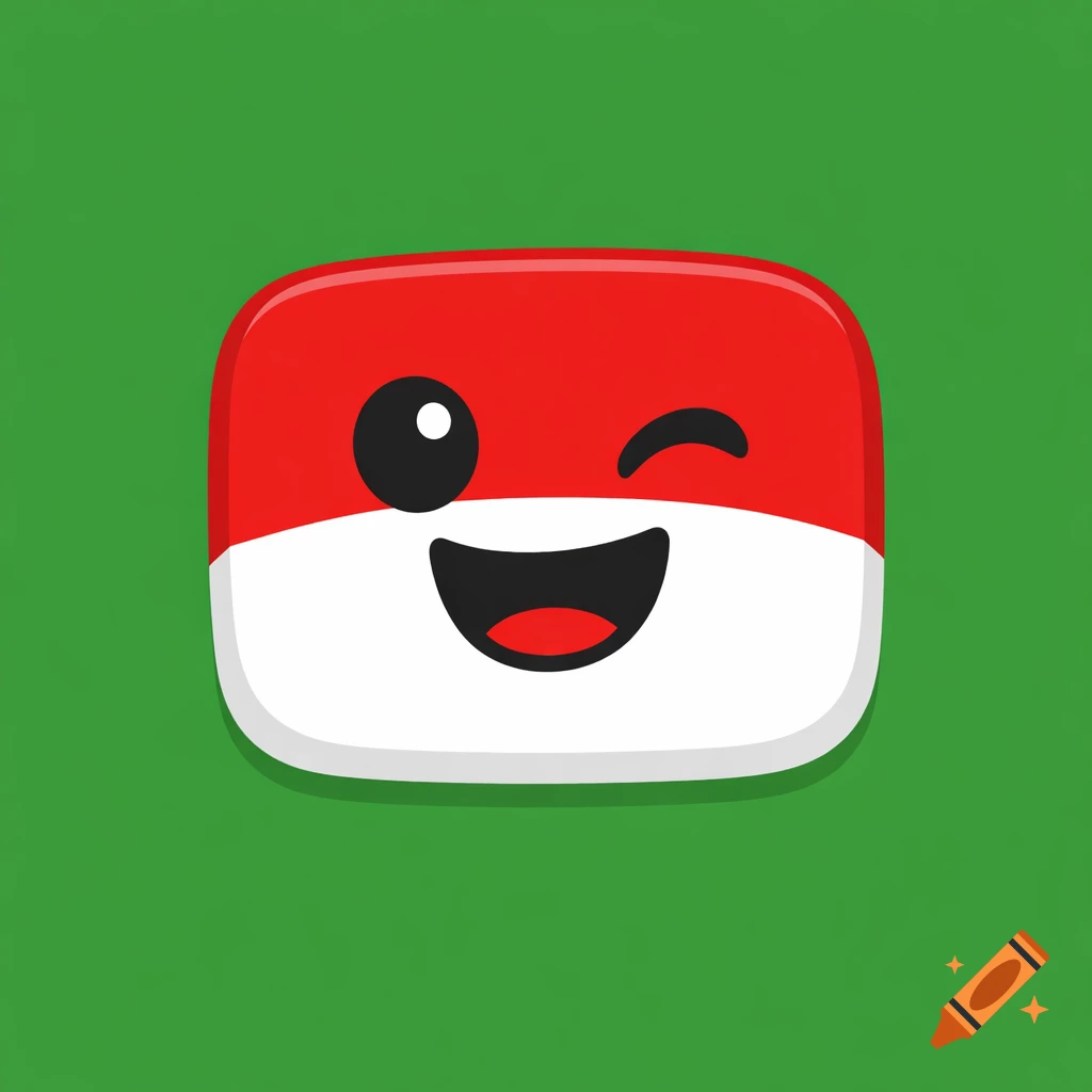 A cartoon, emoji-style icon with a red top and white bottom, featuring a winking eye and a happy, open-mouthed smile on a green background.