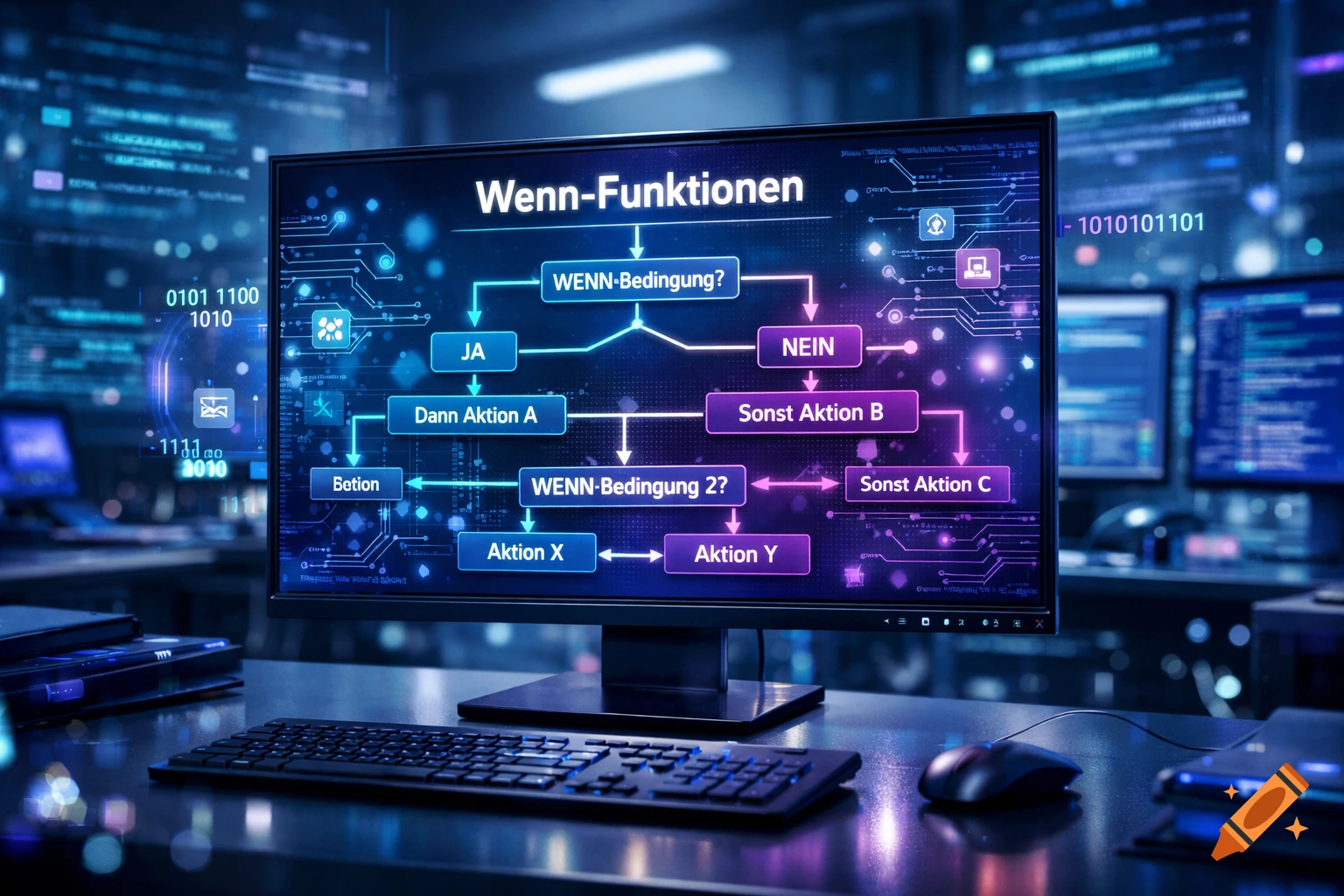 A glowing blue and purple flowchart illustrating 'Wenn-Funktionen' (If-Functions) on a computer monitor, with a keyboard and mouse on a desk in a futuristic IT room.