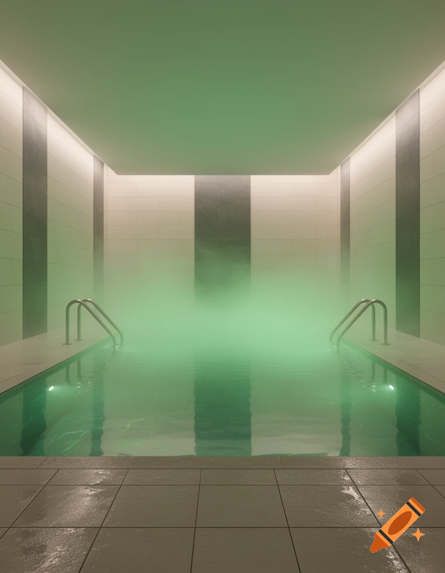 An indoor swimming pool with luminous green water, mist, and symmetrical tile walls.
