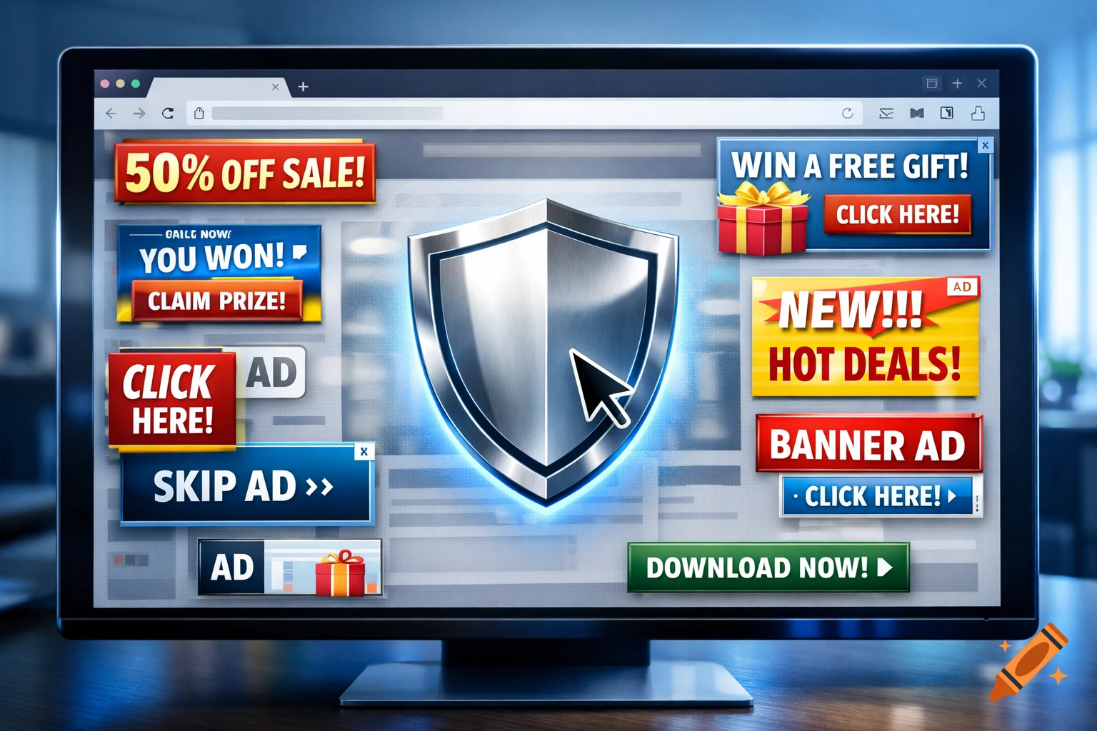 A computer monitor shows a web browser filled with various pop-up and banner ads, with a large shield icon and cursor representing ad blocking.