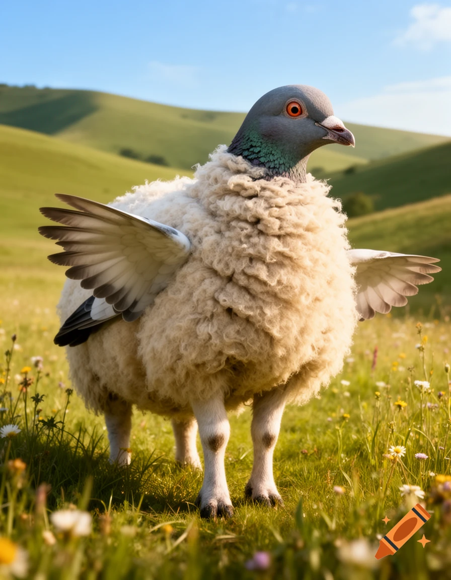 A photorealistic hybrid creature with a pigeon's head and wings on a fluffy sheep's body, standing in a sunny, green meadow.