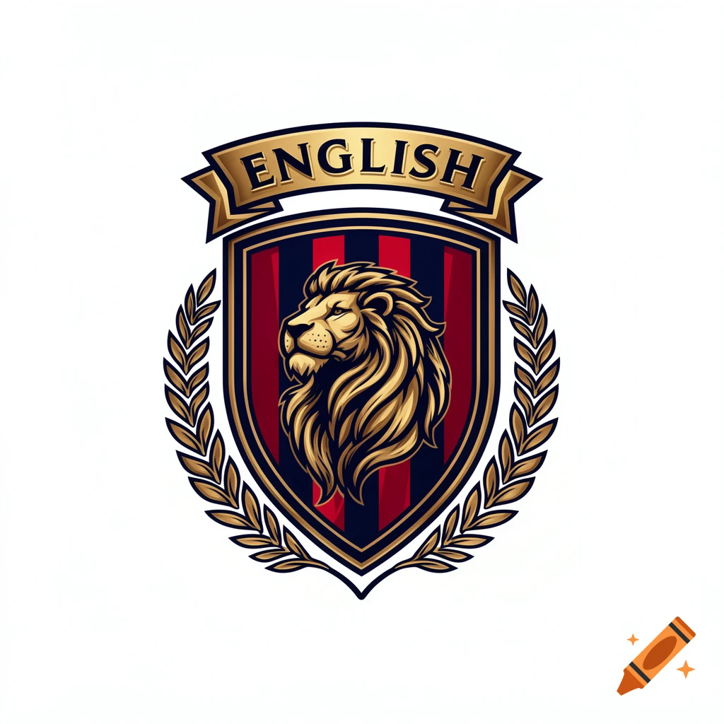 A gold and red shield emblem with a golden lion's head in profile, framed by laurel branches, and a banner reading "ENGLISH" above.