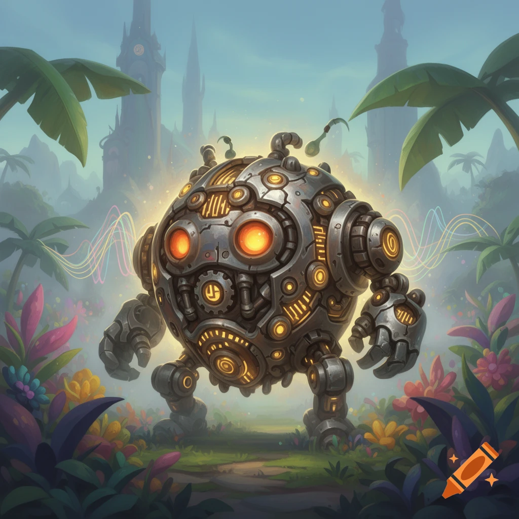 A detailed, spherical mechanical creature with glowing orange eyes and golden accents stands in a vibrant jungle with a fantasy castle in the background.