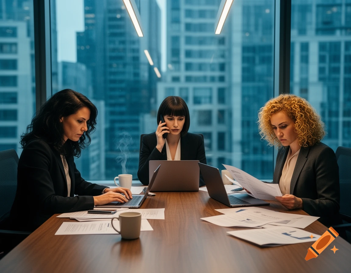 Three professional women in a modern office, working on laptops and reviewing documents.