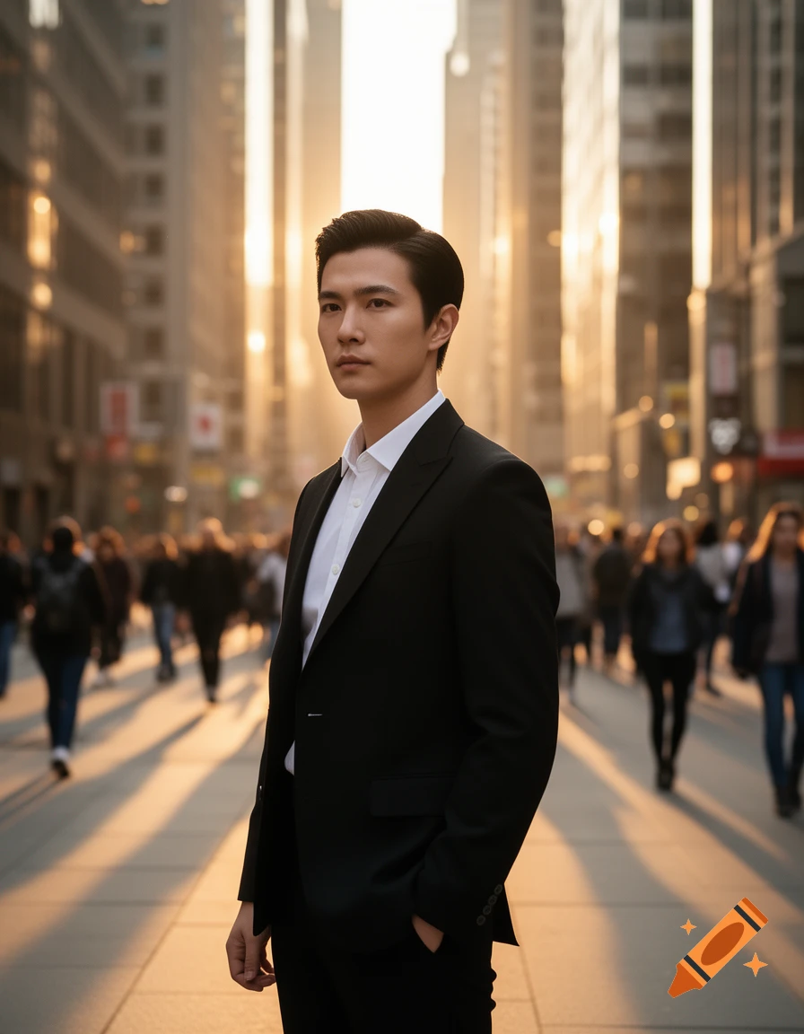 A man in a black suit and white shirt stands on a sunny city street ...