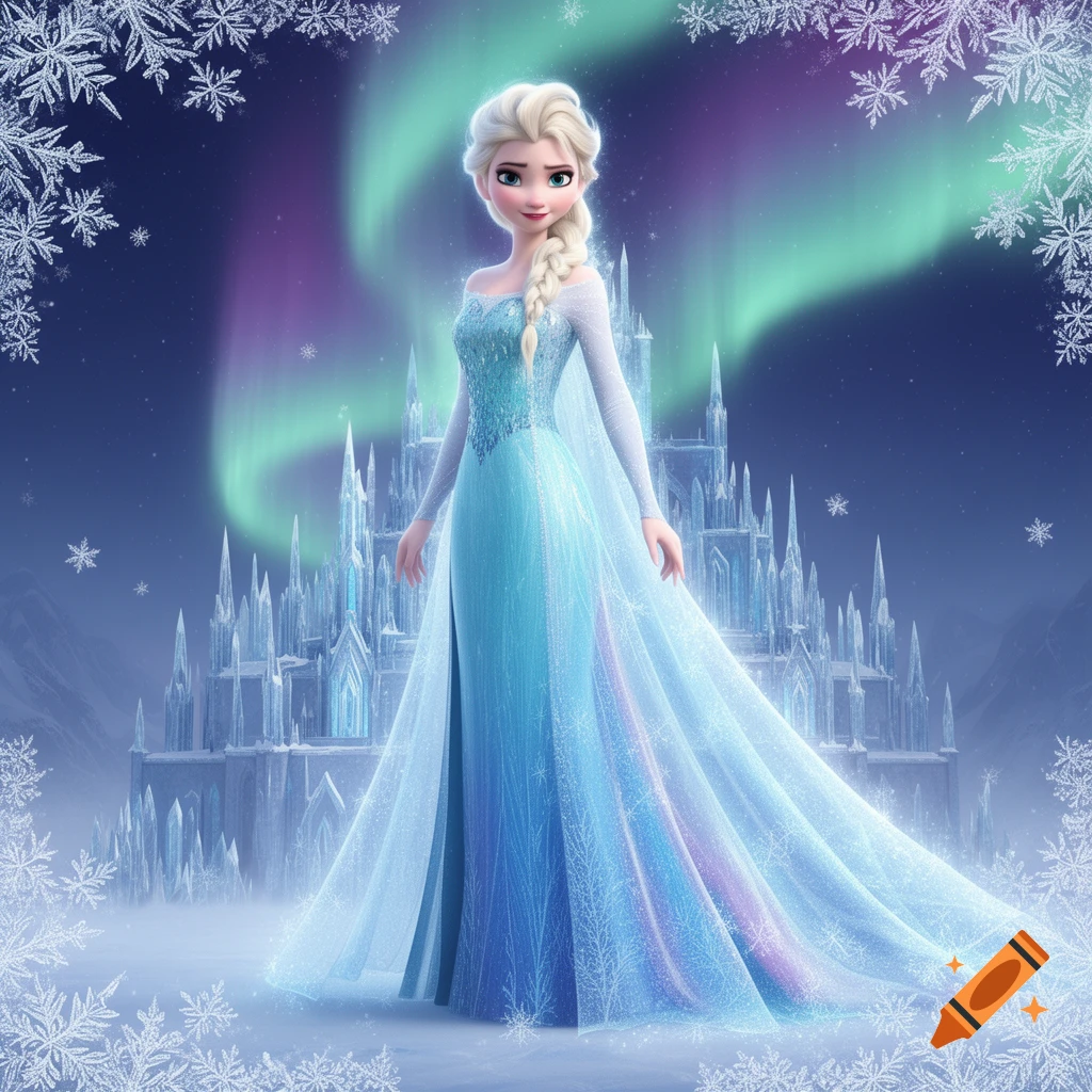 Elsa from Frozen stands in a sparkling blue dress before an ice castle, under a night sky with aurora and snowflakes.