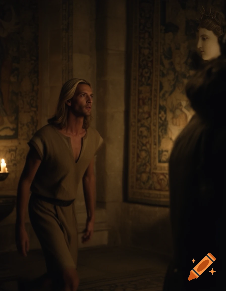 A man with long blonde hair in a simple tunic kneels and looks up at a goddess statue in a dimly lit, tapestry-adorned hall.