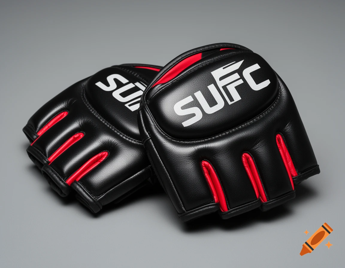 Two black and red fingerless MMA gloves with 'SUFC' branding on a gray background, photorealistic style.