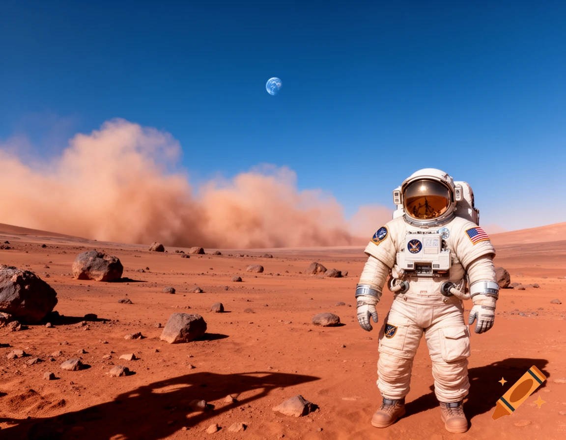 An astronaut stands on a dusty, rocky red planet under a blue sky with Earth visible, in a photorealistic style.