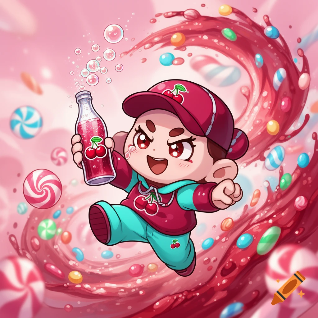 A cute chibi-style cartoon character with red hat and hoodie holds a cherry soda bottle, surrounded by candies and cherry-red liquid splashes on a pink background.