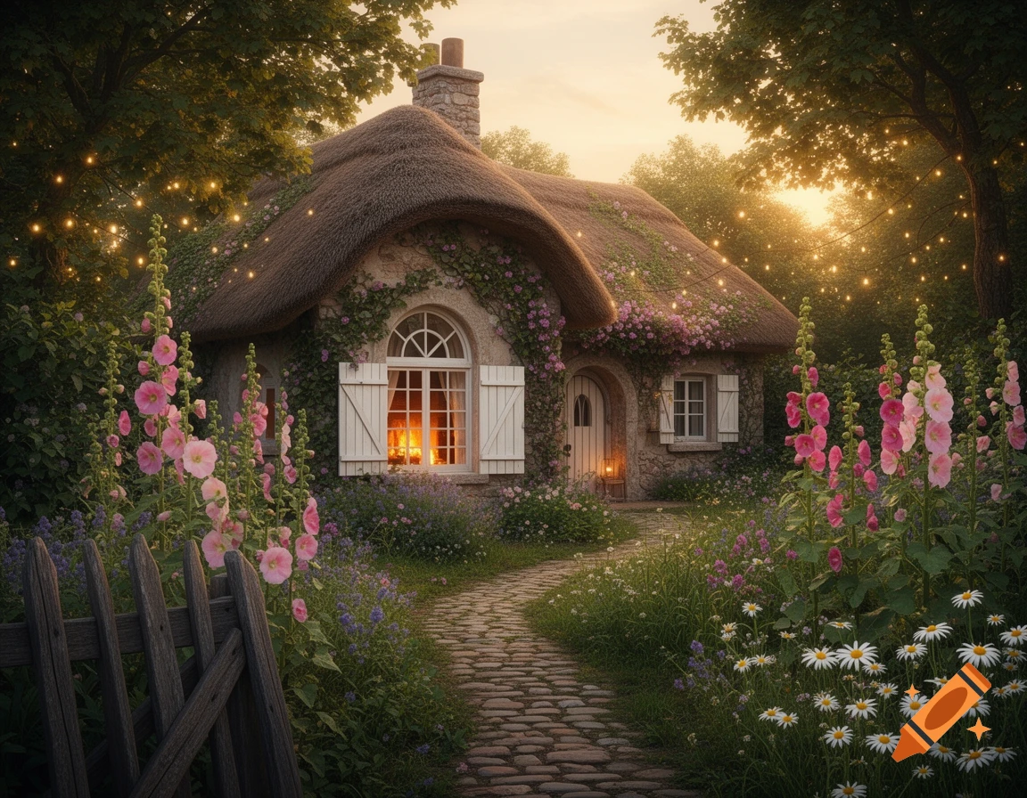 A whimsical stone cottage with a thatched roof, covered in vines and flowers, at golden hour with glowing string lights in a lush garden.