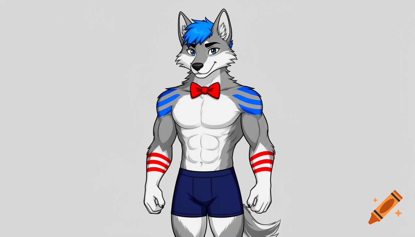 Gray and white wolf fursona with short blue hair, blue shoulder stripes, red forearm stripes, red bowtie, and navy blue boxer briefs in cartoon style.