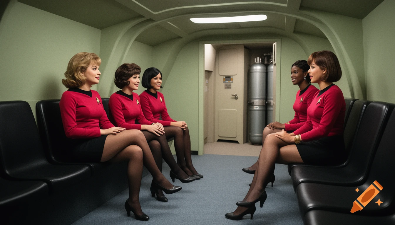 Five women in 1960s Star Trek-style red uniforms and black nylons sit in a shuttlecraft cabin, some facing each other.