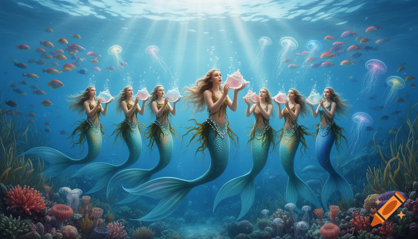 Six blonde mermaids with blue-green tails sing into conch shells in a vibrant underwater scene with fish, jellyfish, and coral.