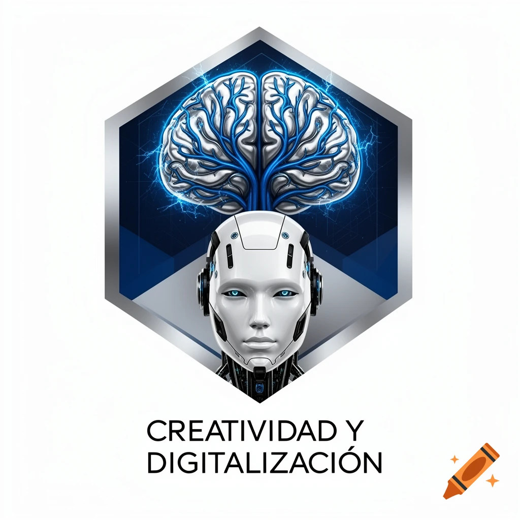 A logo featuring a white robot head below a glowing blue brain in a hexagon, with text "CREATIVIDAD Y DIGITALIZACIÓN".