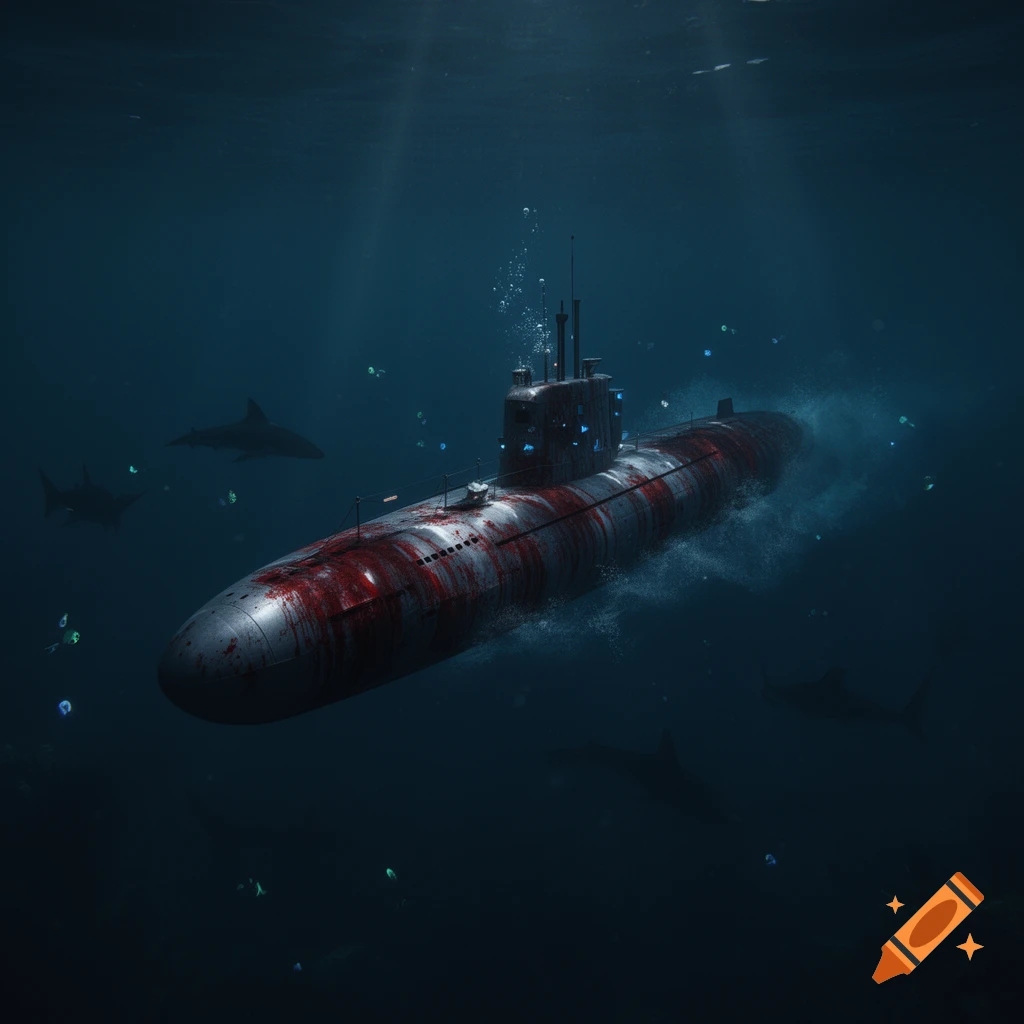 A blood-stained submarine floats in deep blue ocean waters, surrounded by sharks and illuminated by sun rays.