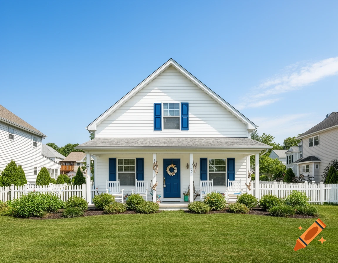 A white suburban house with blue shutters and door, a green lawn, and a white picket fence under a clear blue sky.