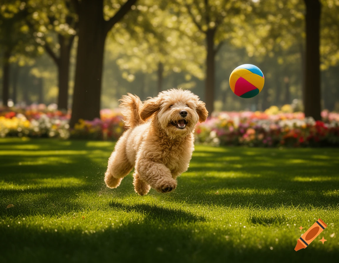 A happy golden mini goldendoodle dog jumps in the air to catch a colorful ball in a sunny, lush park.
