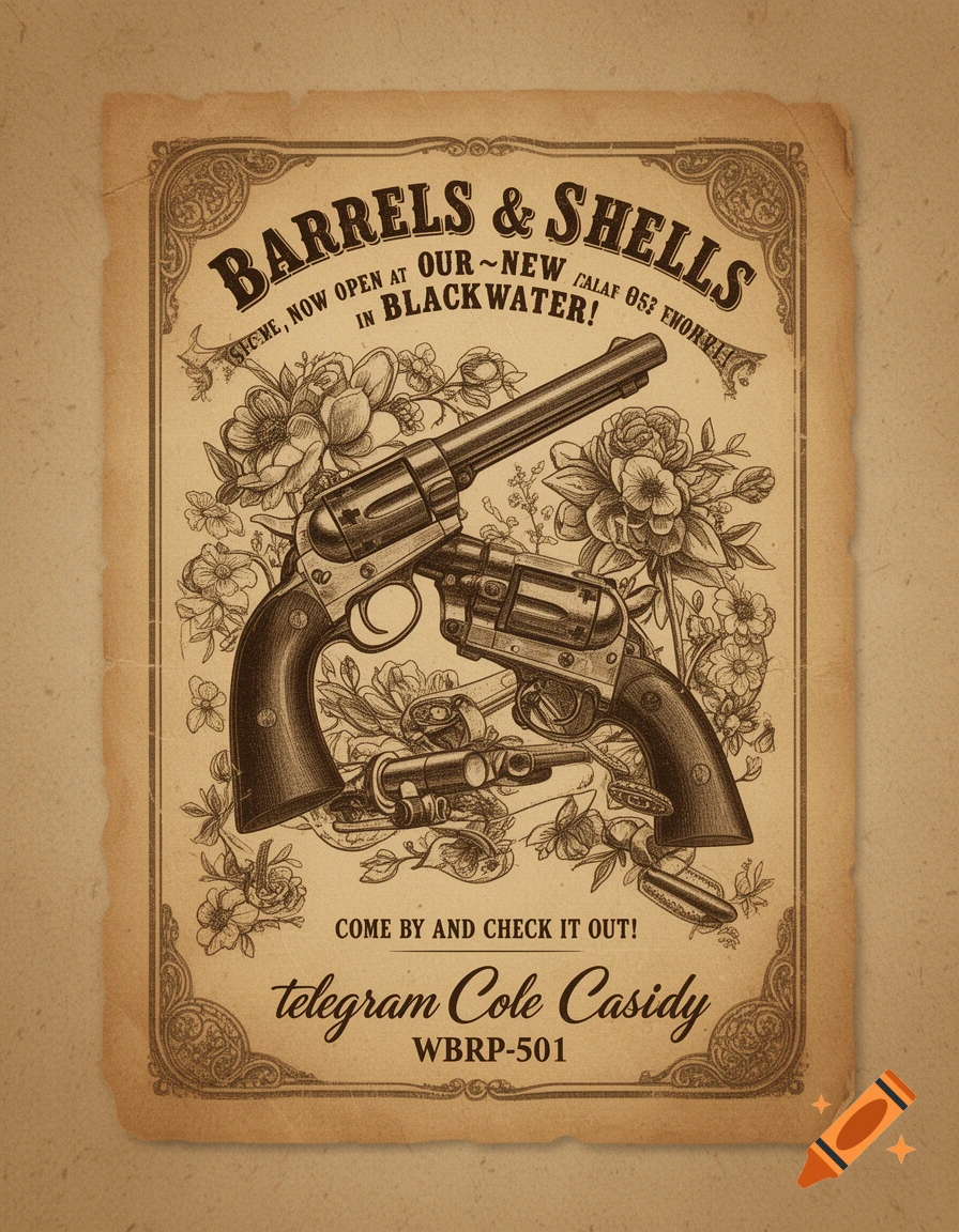 Vintage Old West style flyer advertising a gun store named "Barrels & Shells," featuring two revolvers and floral designs on aged paper.