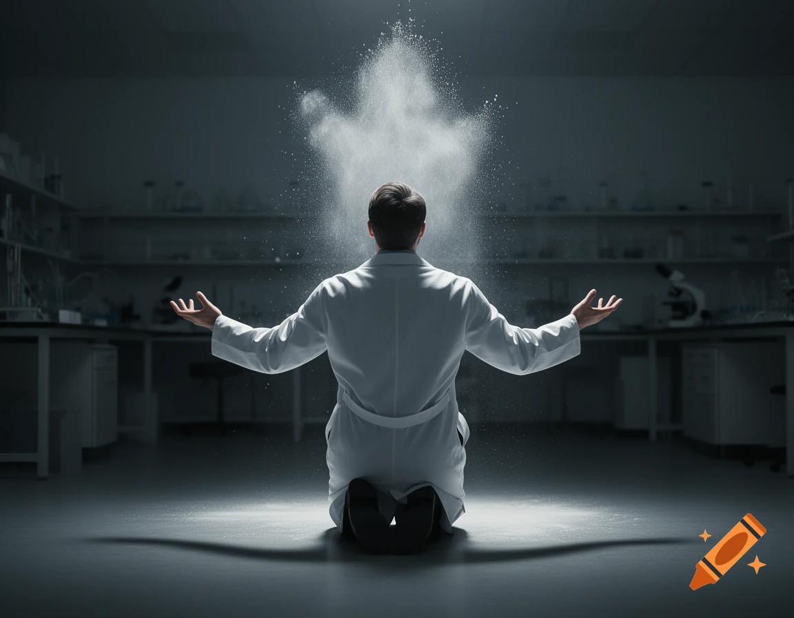 A person in a lab coat kneels in a dark laboratory, arms spread, gazing at a luminous white powder cloud.