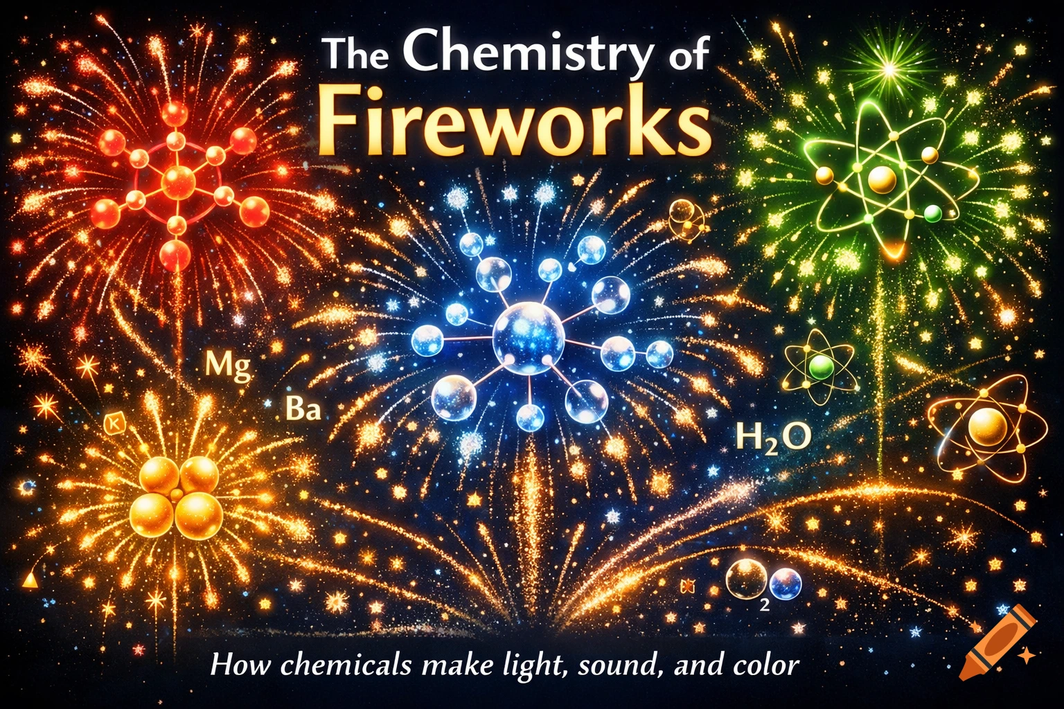 Colorful fireworks exploding in a dark sky, integrated with glowing chemical structures and symbols like Mg, Ba, H2O, with the title "The Chemistry of Fireworks" and subtitle "How chemicals make light, sound, and color".