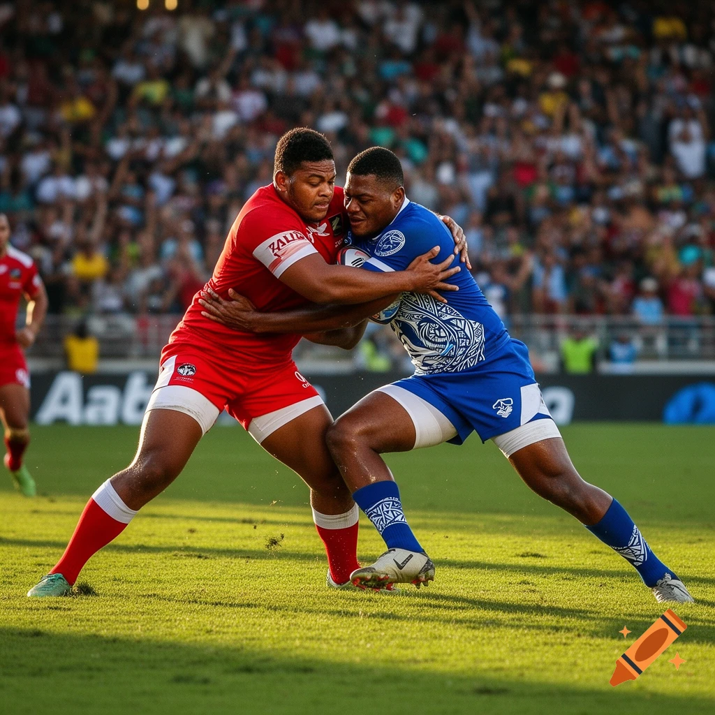 Two male rugby players, one in red and one in blue, tackle each other on a green field during a game, with a stadium crowd in the background.