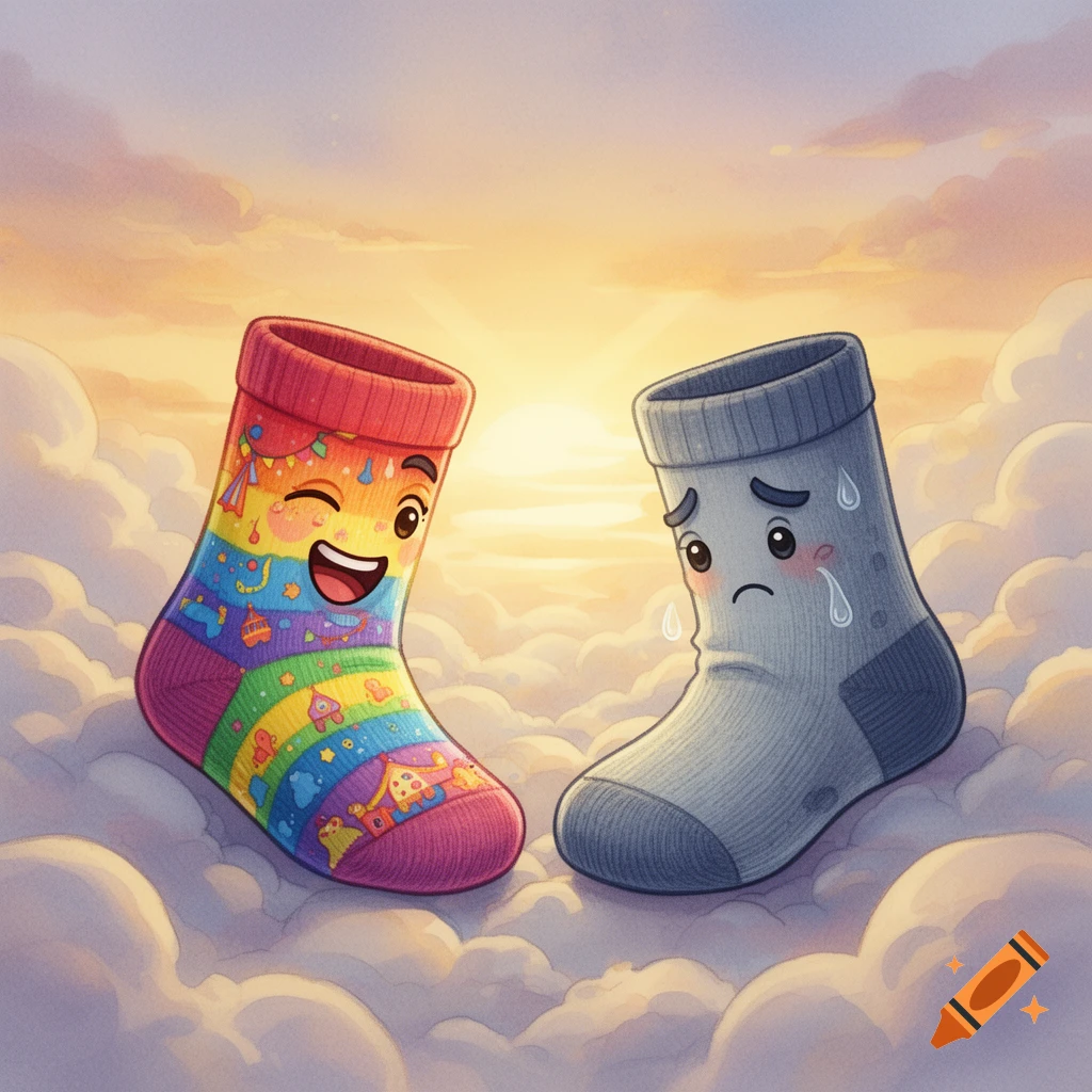 A happy, colorful cartoon sock winks at a sad, gray cartoon sock, both floating among clouds with a sunset background.