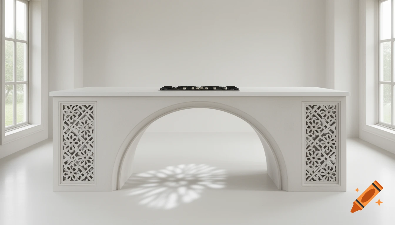 A bright, minimalist kitchen features a white island with an induction cooktop, an arched base, and decorative side panels.