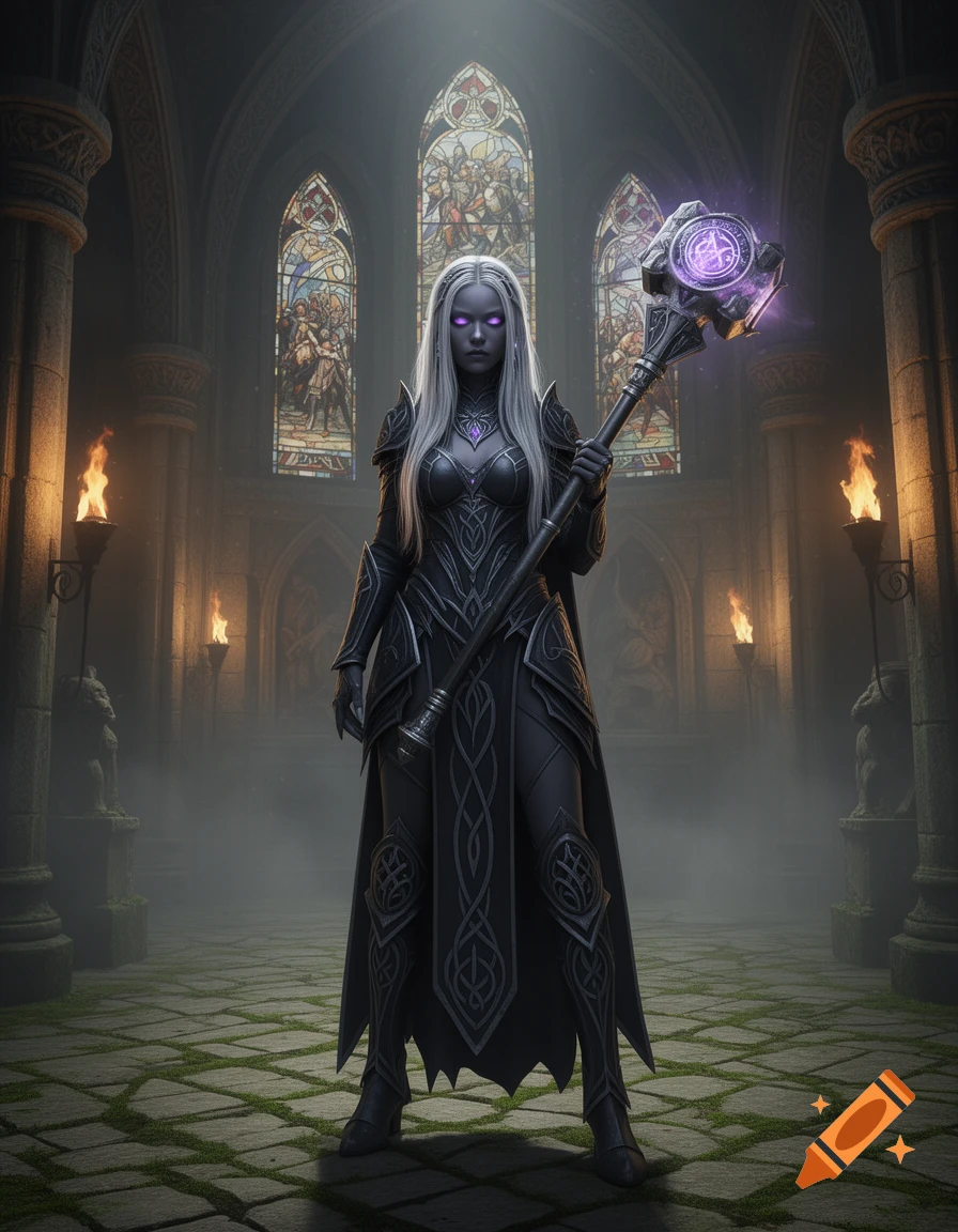 A white-haired drow cleric with glowing purple eyes stands in a dark ...