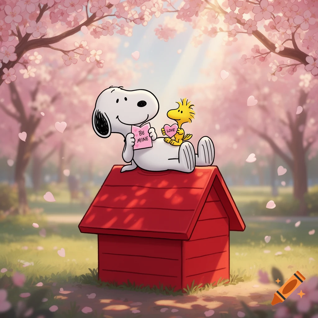 Snoopy and Woodstock on a red doghouse under pink cherry blossom trees, holding 'BE MINE' and 'LOVE' cards for Valentine's Day.