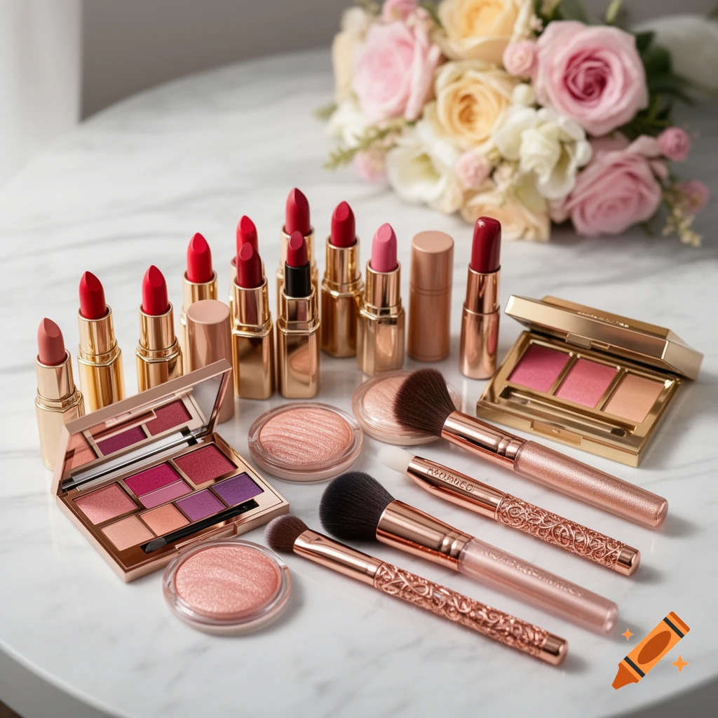 A flat lay of gold and rose gold makeup: lipsticks, eyeshadows, highlighters, and brushes on a marble table, with a bouquet of pink and white roses.